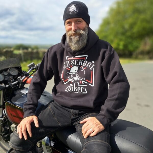 Black pullover hoodie with Old School Biker skull graphic; available sizes small to 4XL.