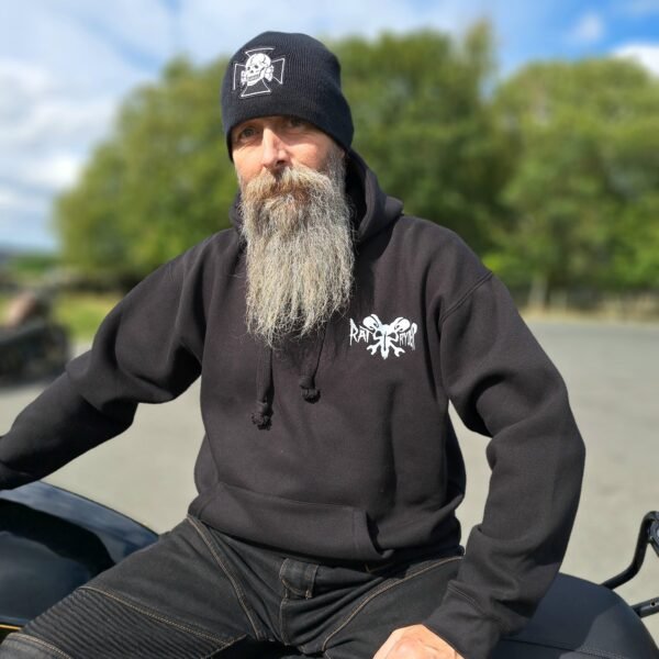 Front view of Rat-Ryder biker hoodie in black, featuring small skull and logo on chest, alternative motorcycle hoodie available S–5XL.