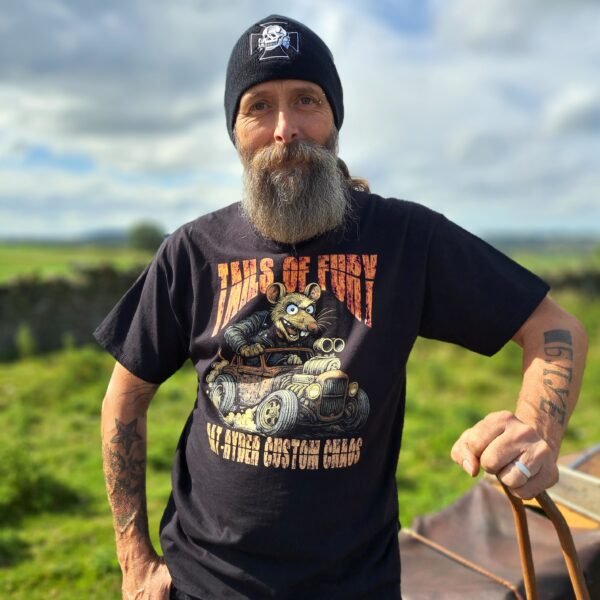 Front view of black t-shirt showing Lou the Rat cartoon hot rod illustration with “Tails of Fury” text and Rat-Ryder Custom Chaos tagline.