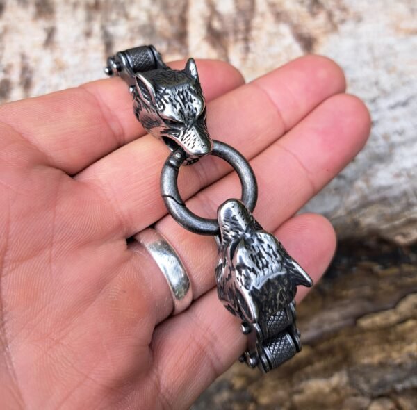 Stainless steel biker bracelet with Viking Fenrir wolf head clasp and chain links
