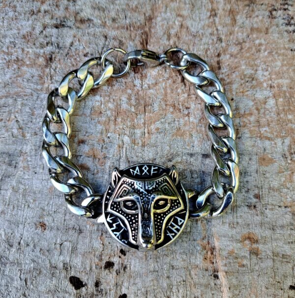 Stainless steel Fenrir wolf bracelet with Norse runes and chunky chain