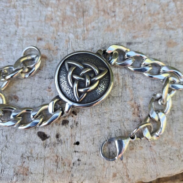 Stainless steel Viking bracelet with circular Triquetra knot centerpiece