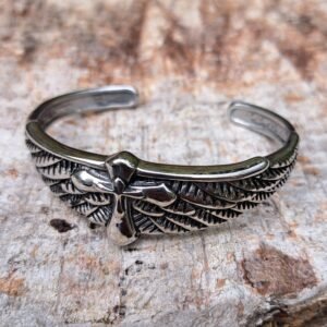 Stainless steel winged cross bangle, gothic biker jewelry with angel wings design