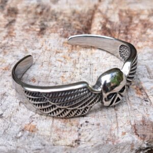 Stainless steel winged skull bangle, biker and heavy metal inspired jewelry