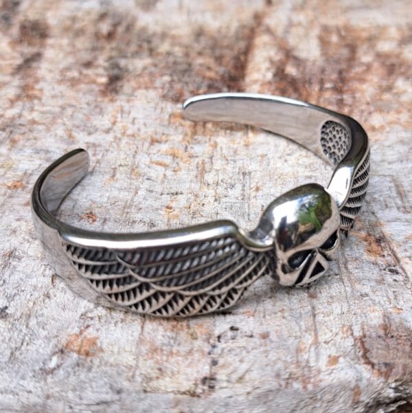 Stainless steel winged skull bangle, biker and heavy metal inspired jewelry