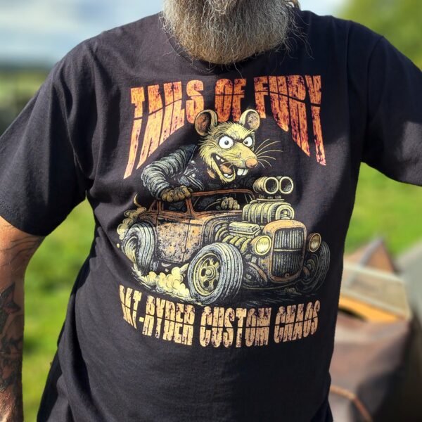 Close-up of Lou the Rat driving a rusty blower hot rod with “Tails of Fury” headline and “Rat-Ryder Custom Chaos” text on a black t-shirt.