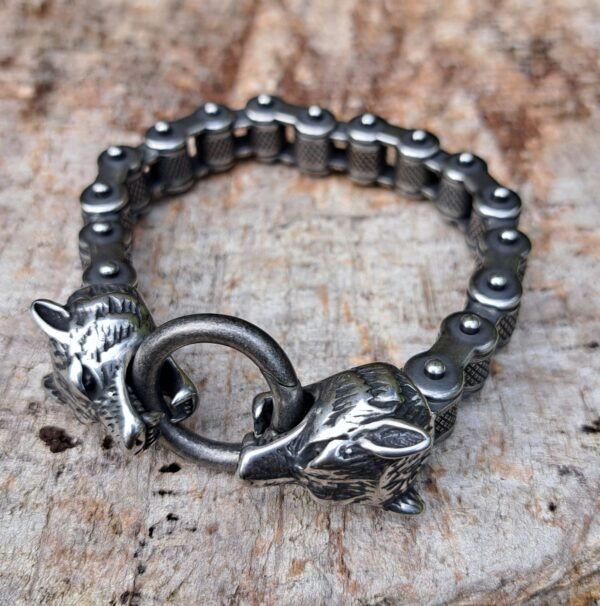 Viking Fenrir bracelet with wolf heads and biker chain design in stainless steel