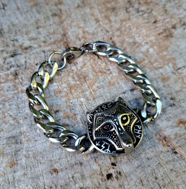 Fenrir wolf bracelet in stainless steel with Viking rune engraving