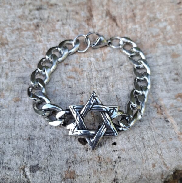 Pagan stainless steel bracelet with symbolic interwoven star centerpiece