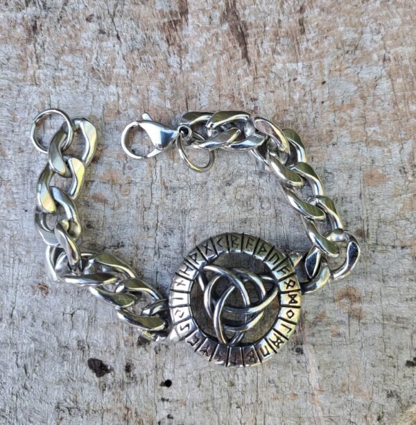 Stainless steel Viking bracelet with Triquetra knot and engraved runes