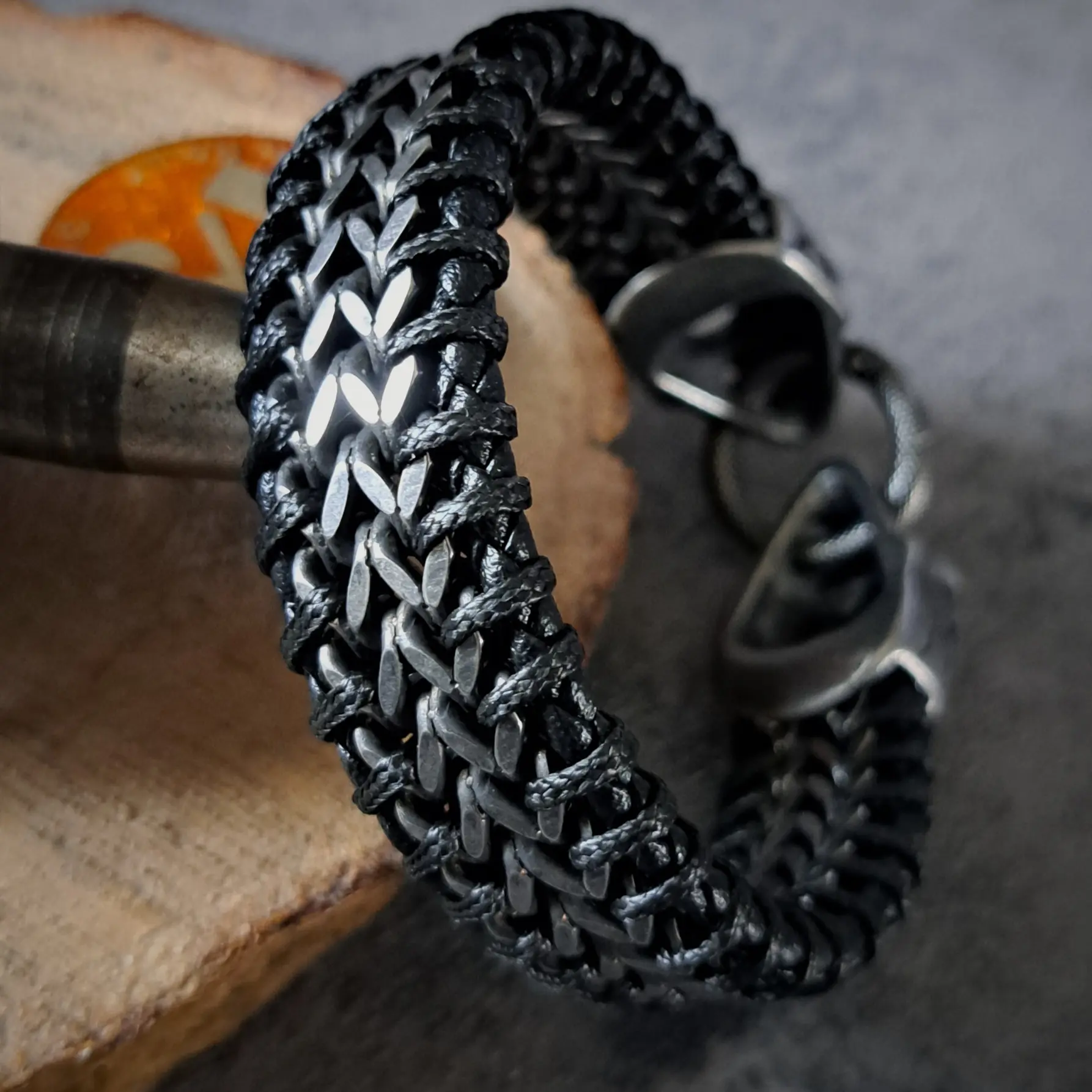 Men's Heavy Stainless Steel Skull and Leather Bracelet | 95g, 20mm Snap Ring 4 Woven steel and cord band construction on 95g woven steel skull wristband