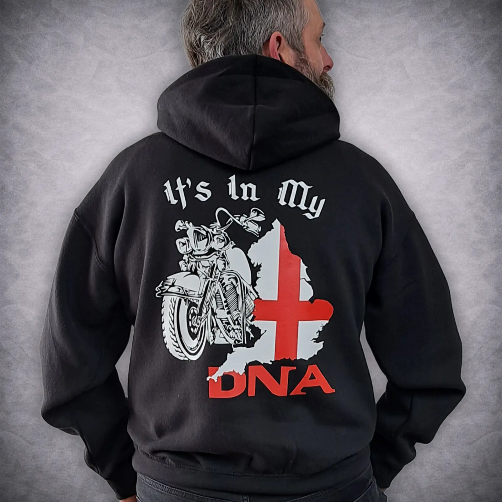 Biker Hoodie - England It's in my DNA Motorcycle Top | Rat-Ryder 3 Black overhead motorcycle hoodie showcasing the full England DNA graphic back print from a comfortable side profile view.