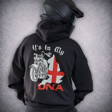 England It's In My DNA black biker hoodie showing the graphic back print on a rider wearing a motorcycle helmet.