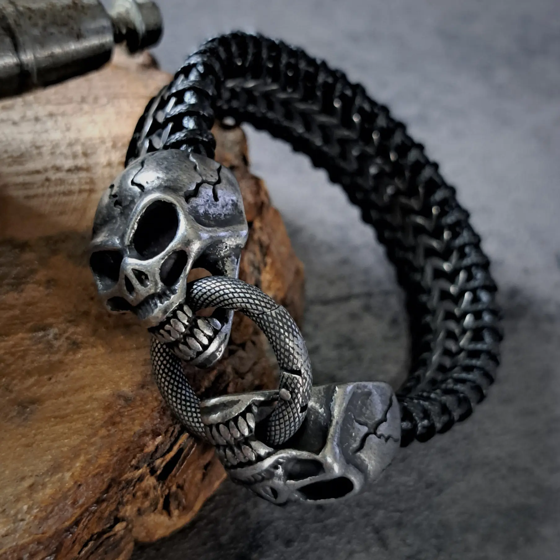 Men's Heavy Stainless Steel Skull and Leather Bracelet | 95g, 20mm Snap Ring 3 Woven spiga chain and black cord band on mens 20mm gothic skull cuff