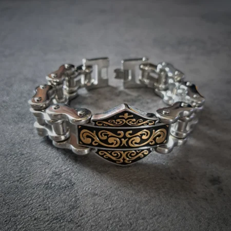 Mens heavy stainless steel motorcycle chain bracelet weighing 197g with gold and black shield