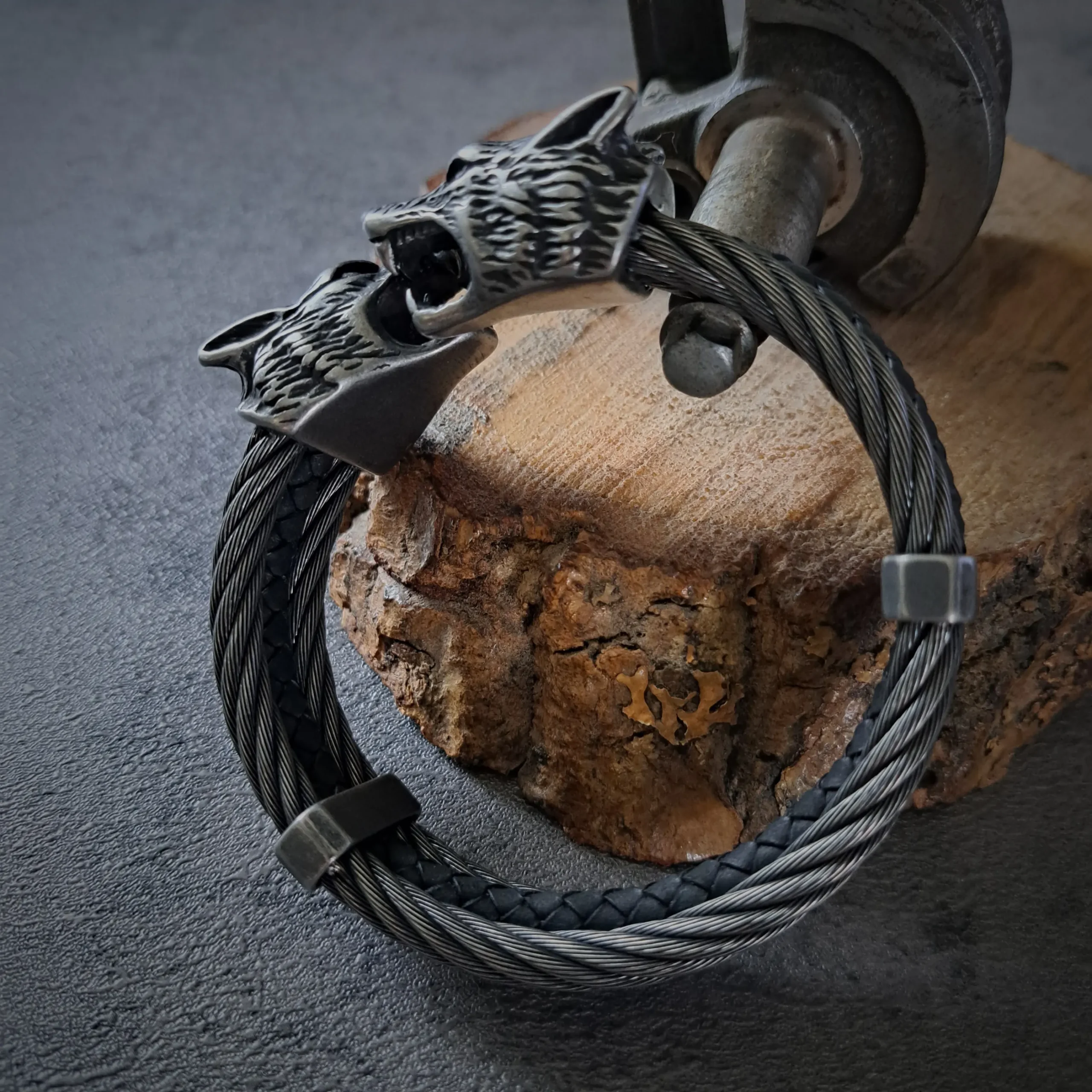 Men's Heavy Stainless Steel Wolf Head Bracelet | 133g, 22mm 4 Thick twisted steel cable and black leather band on mens outlaw biker bracelets