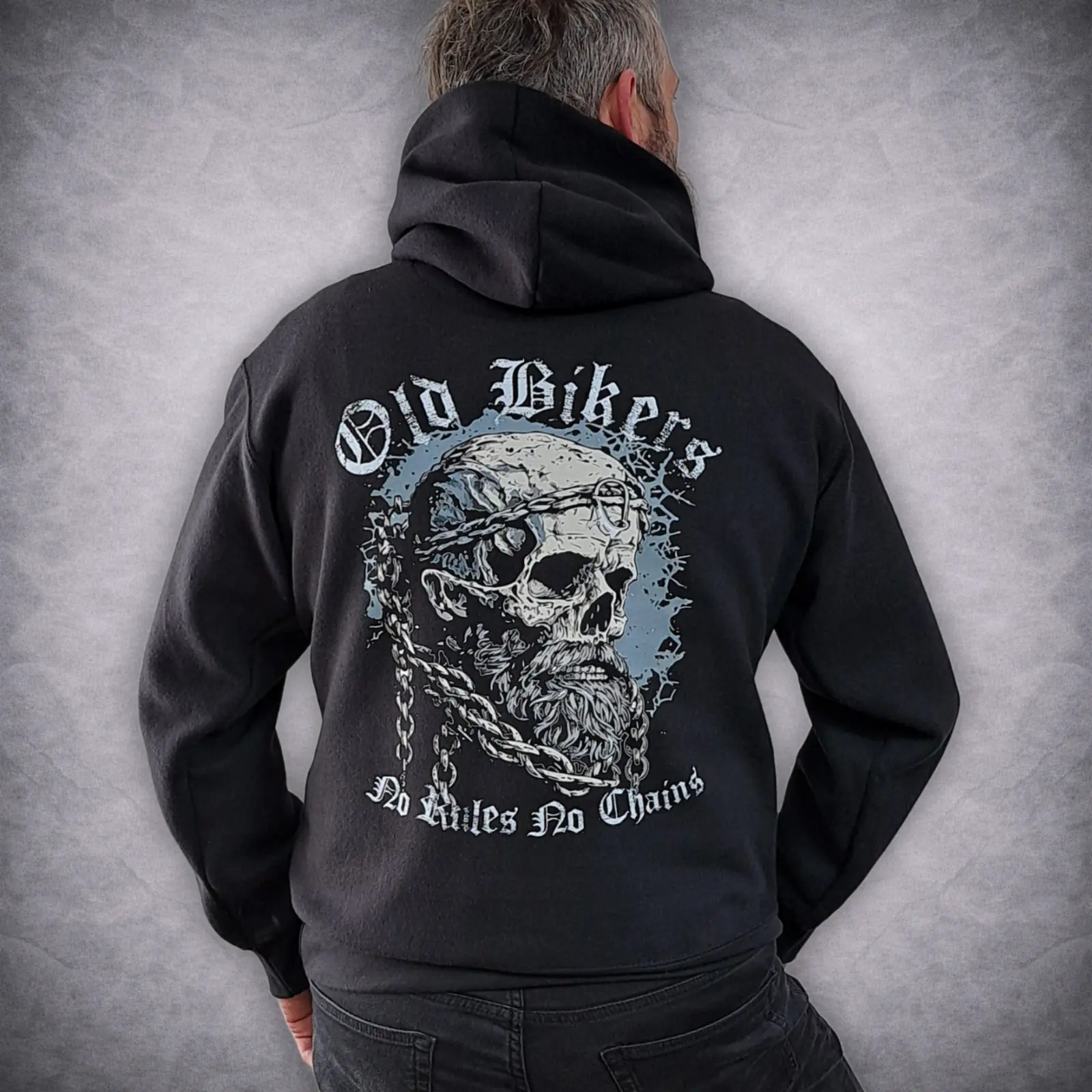 Old Bikers Hoodie – Skull & Chain Motorcycle Hoodie, “No Rules No Chains” 5 Old Bikers graphic biker hoodie with an old school skull and chain back print on a male model showcasing the relaxed fit.