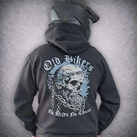 Old Bikers skull and chain motorcycle hoodie with a bold graphic back print on a rider wearing a black motorbike helmet.