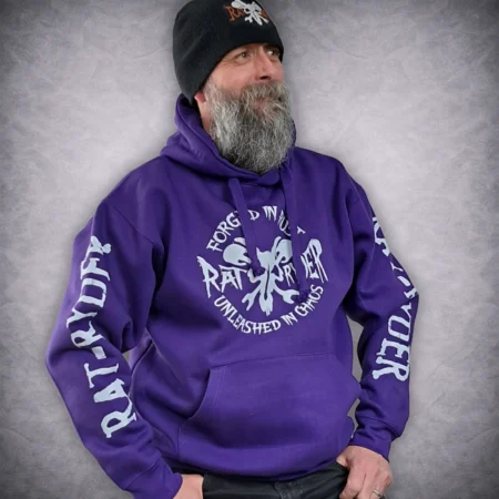 Model wearing Rat-Ryder purple biker hoodie in a classic pullover style with white Forged in Rust skull graphic across the chest.