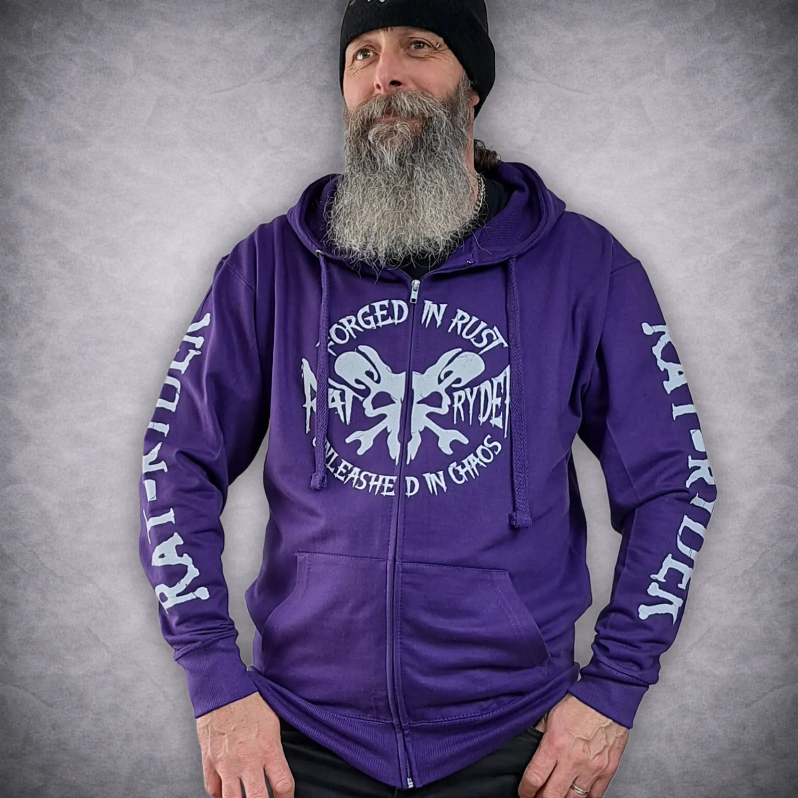 Rat-Ryder Purple Zip Up Biker Hoodie - Forged in Rust Edition 3 Side view of the purple motorcycle zip up hoodie showing the regular unisex fit and unprinted plain back design.