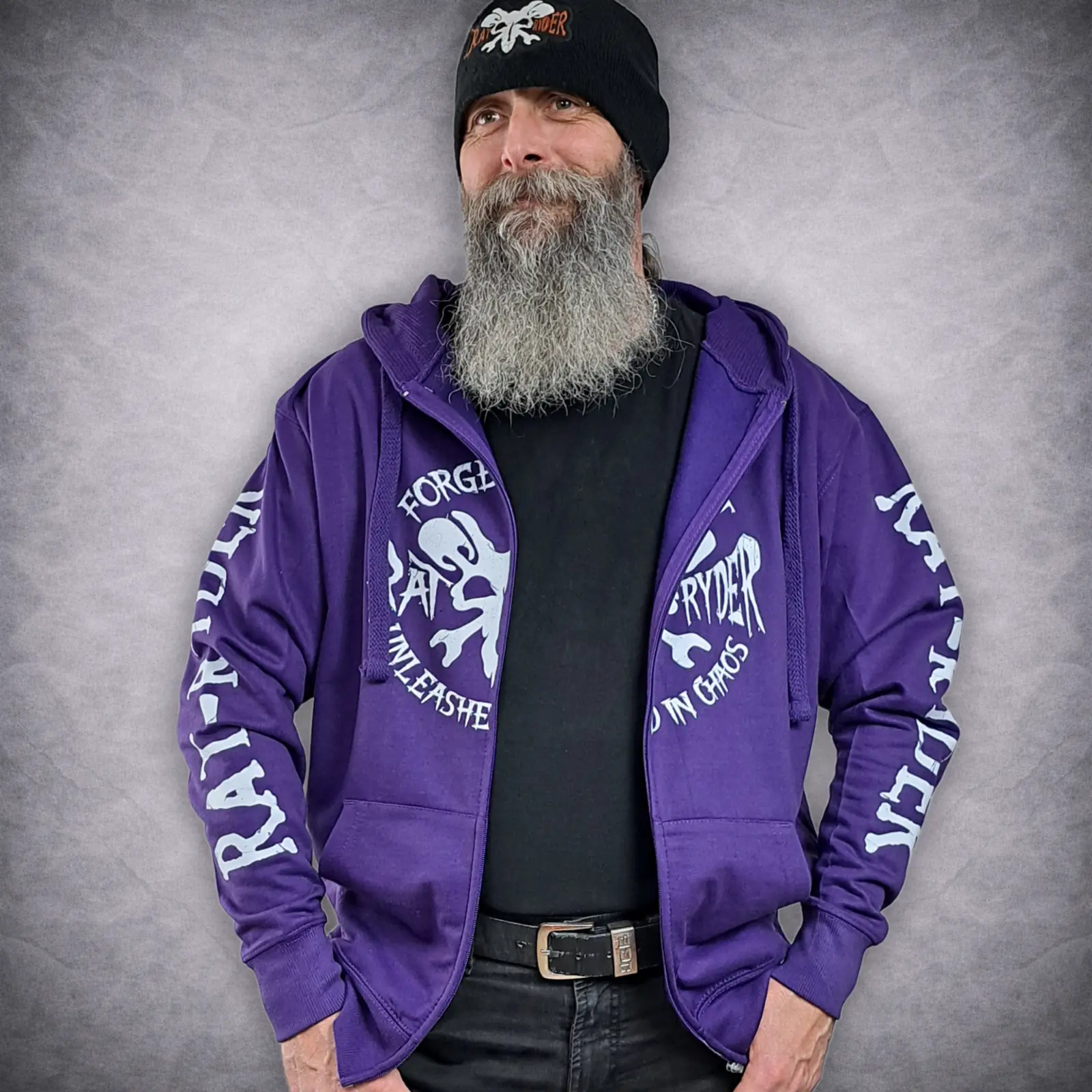 Rat-Ryder Purple Zip Up Biker Hoodie - Forged in Rust Edition 2 Model wearing the purple motorcycle zip up hoodie open over a black t-shirt showing Rat-Ryder typography down the sleeves.