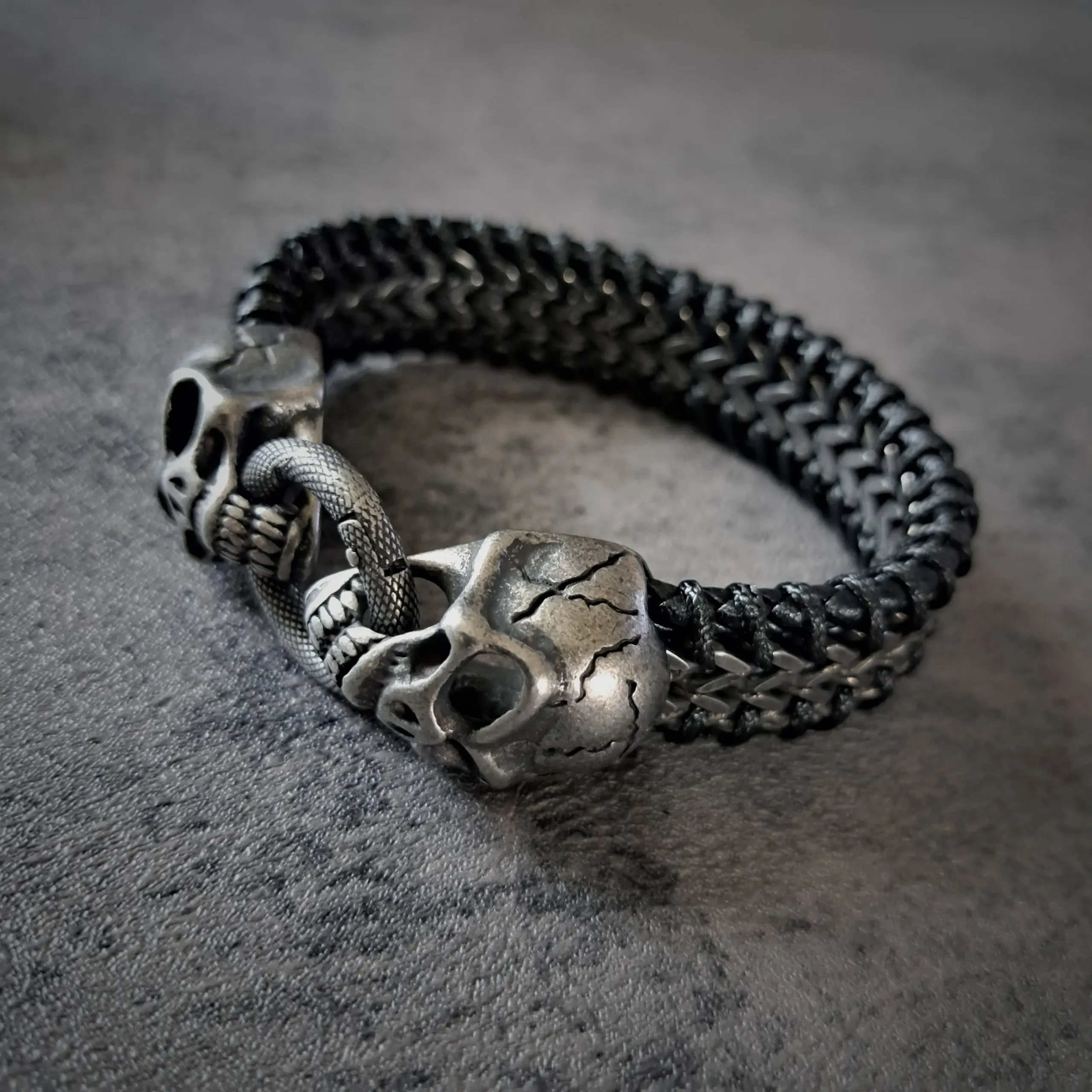 Men's Heavy Stainless Steel Skull and Leather Bracelet | 95g, 20mm Snap Ring 2 Antiqued skull detail on skull and leather biker bracelet with snap ring clasp