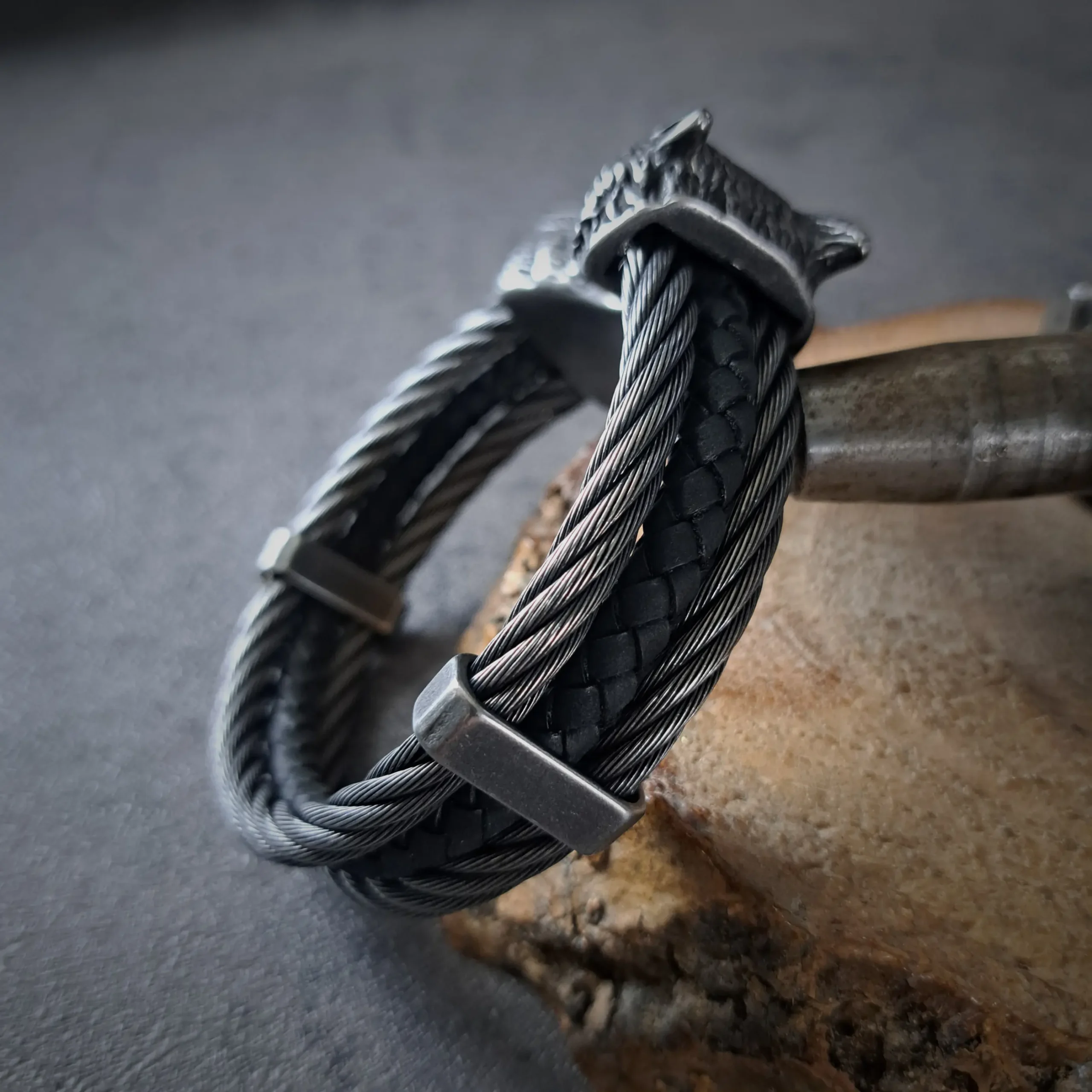 Men's Heavy Stainless Steel Wolf Head Bracelet | 133g, 22mm 3 Solid 133g wolf head cable biker bracelet with heavy duty twisted wire finish