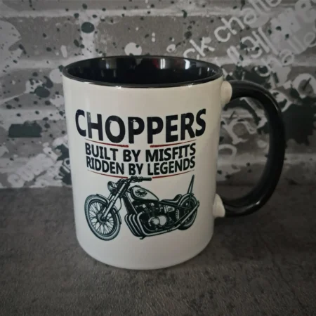 Choppers built by misfits ridden by legends two tone biker mug right profile