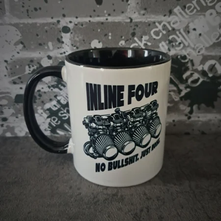 Inline Four Motorcycle Mug with bank of four carburettors graphic and No Bullshit Just Noise text