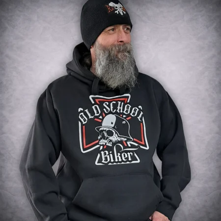 Close up front view of the black Old School Biker hoodie showing the detailed white and red skull and iron cross chest print.