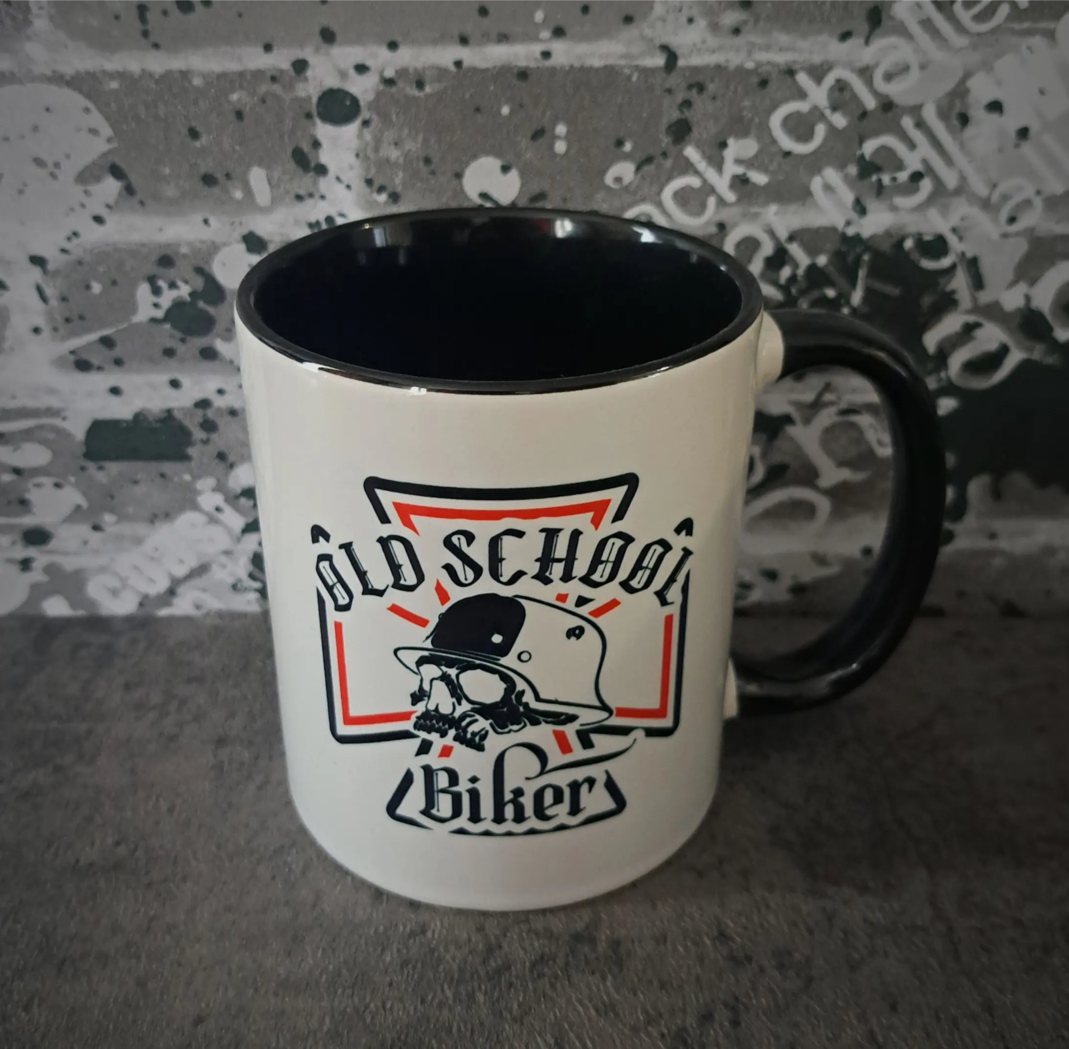 Old School Biker Skull Mug | Outlaw Custom Chopper Two-Tone 11oz Coffee Cup 3 Top down angle of two tone biker mug showing black rim and black interior lining