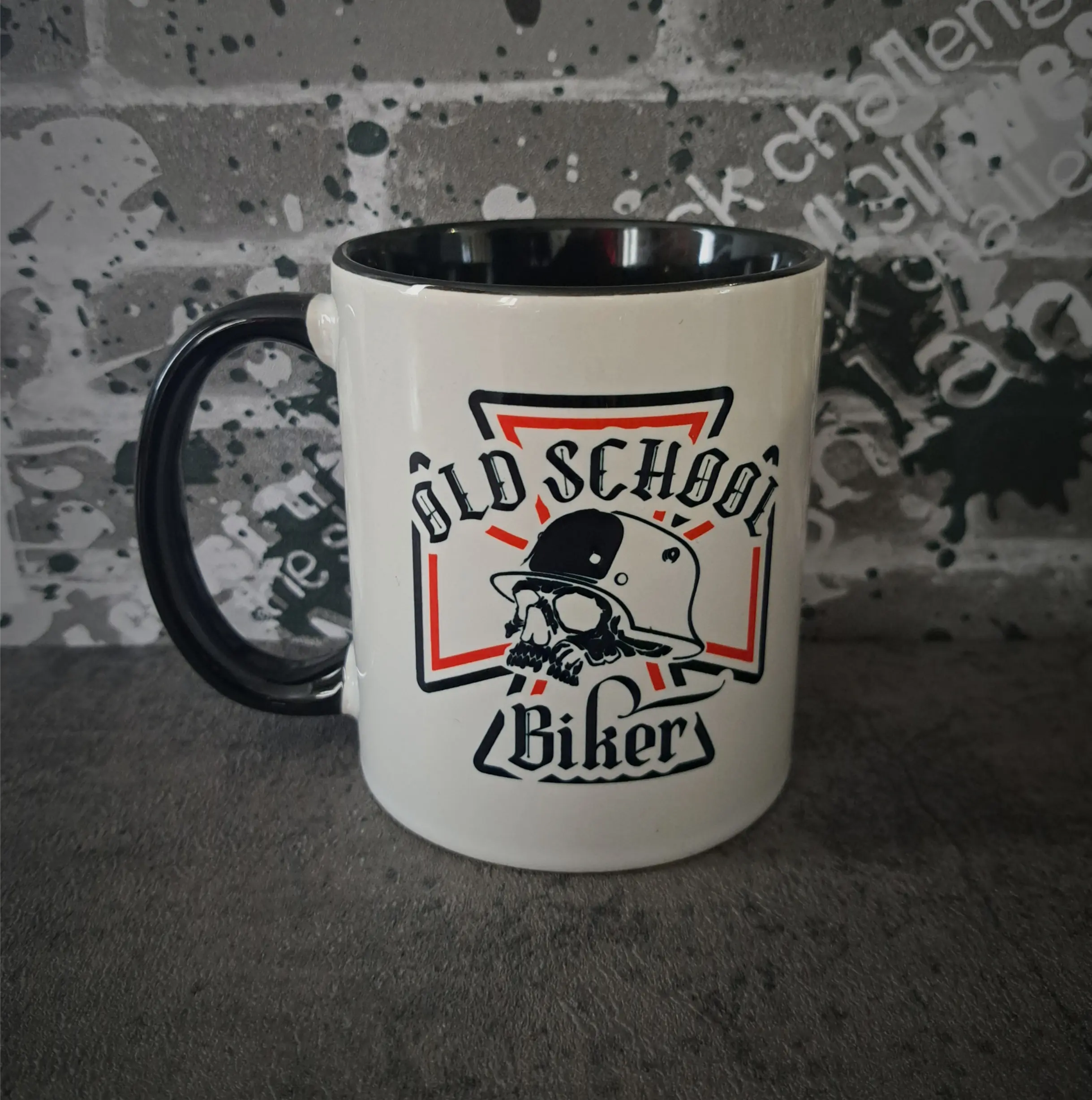 Old School Biker Skull Mug | Outlaw Custom Chopper Two-Tone 11oz Coffee Cup 2 old school biker skull in German helmet and red iron cross outline
