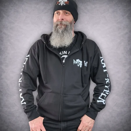 Front view of the black Rat-Ryder biker full zip hoodie featuring white sleeve text graphics and a small chest logo on a 280gsm cotton-poly blend.