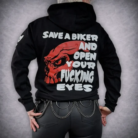 Rear straight view of the unisex black overhead hoodie featuring the red skull and white Save A Biker And Open Your Fucking Eyes slogan.
