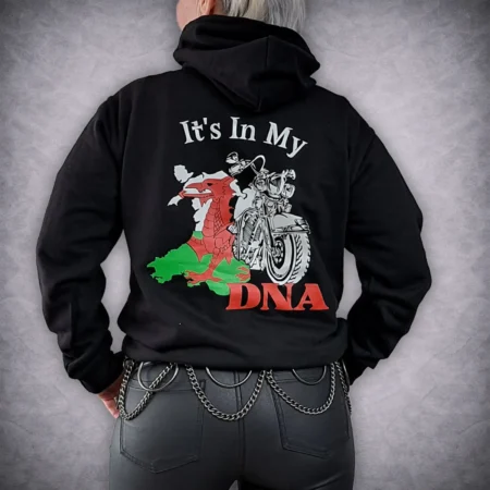 Rear view close up of the black Wales Its In My DNA motorcycle hoodie showing the detailed red Welsh dragon map and cruiser bike print.