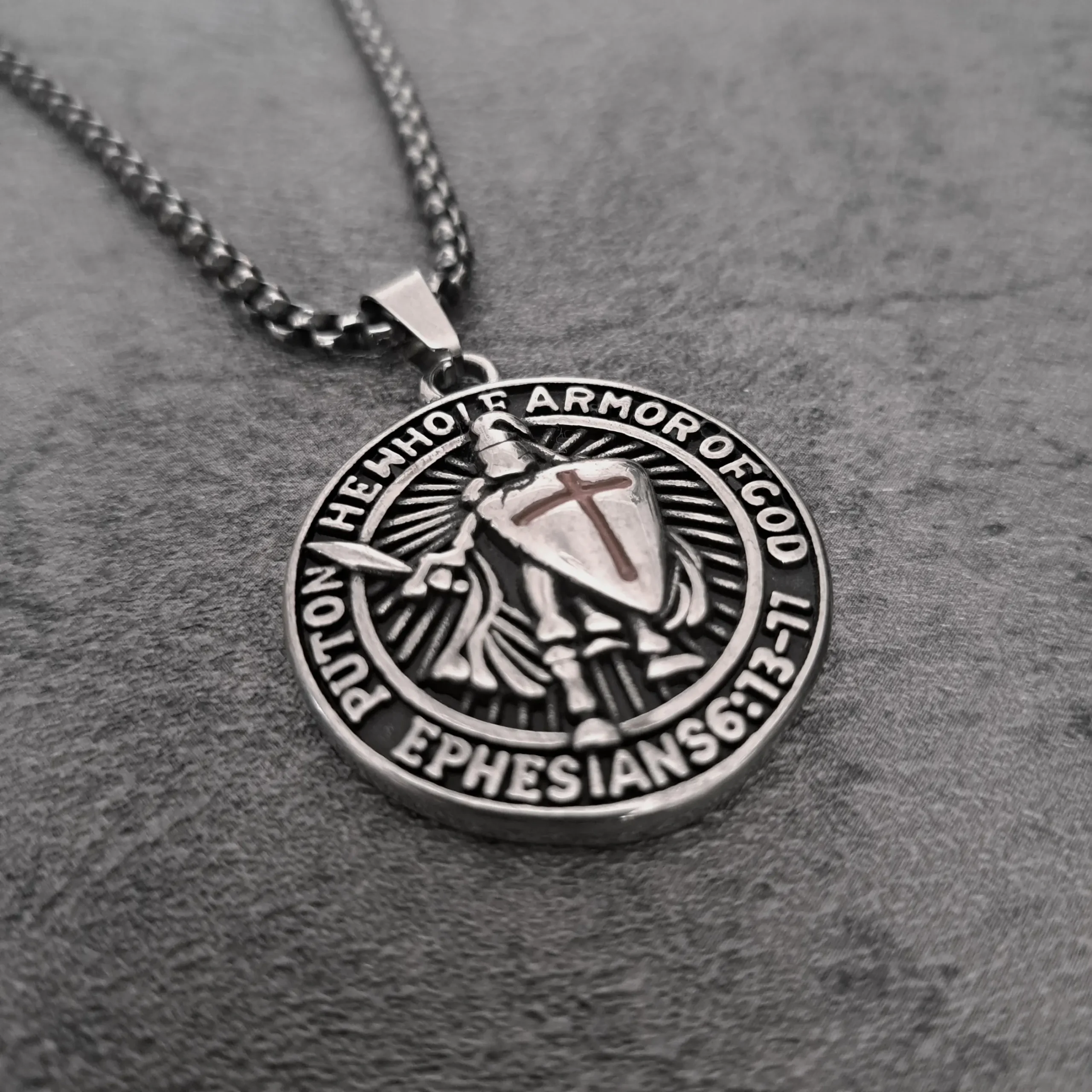 Armor of God Ephesians Medallion – 316L Stainless Steel Biker Pendant | RatRyder 2 Angled view of Armor of God warrior shield stainless steel biker pendant