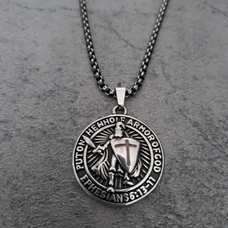 Solid 316L stainless steel Armor of God Ephesians 6 medallion biker pendant front view
