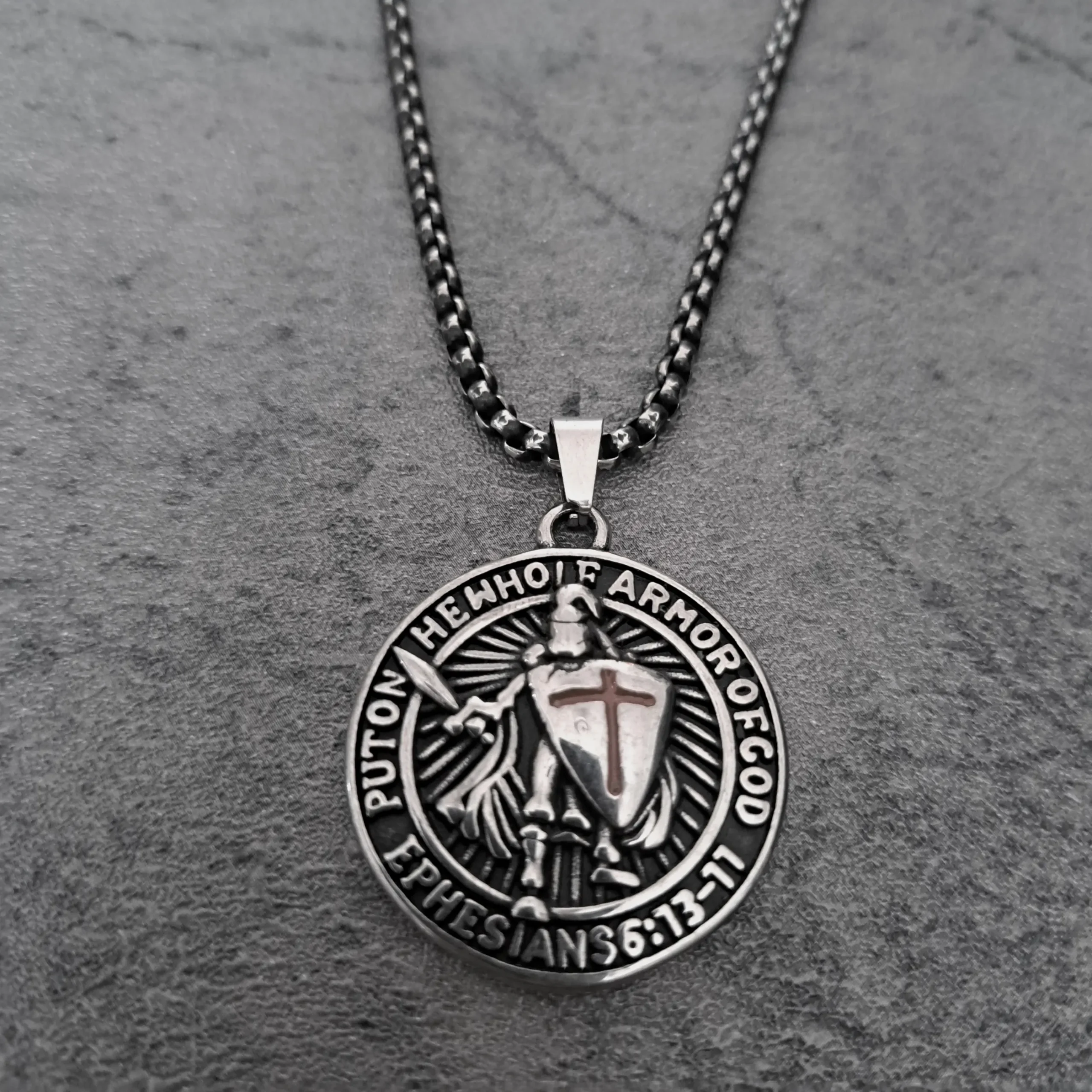 Armor of God Ephesians Medallion – 316L Stainless Steel Biker Pendant | RatRyder 1 Solid 316L stainless steel Armor of God Ephesians 6 medallion biker pendant front view