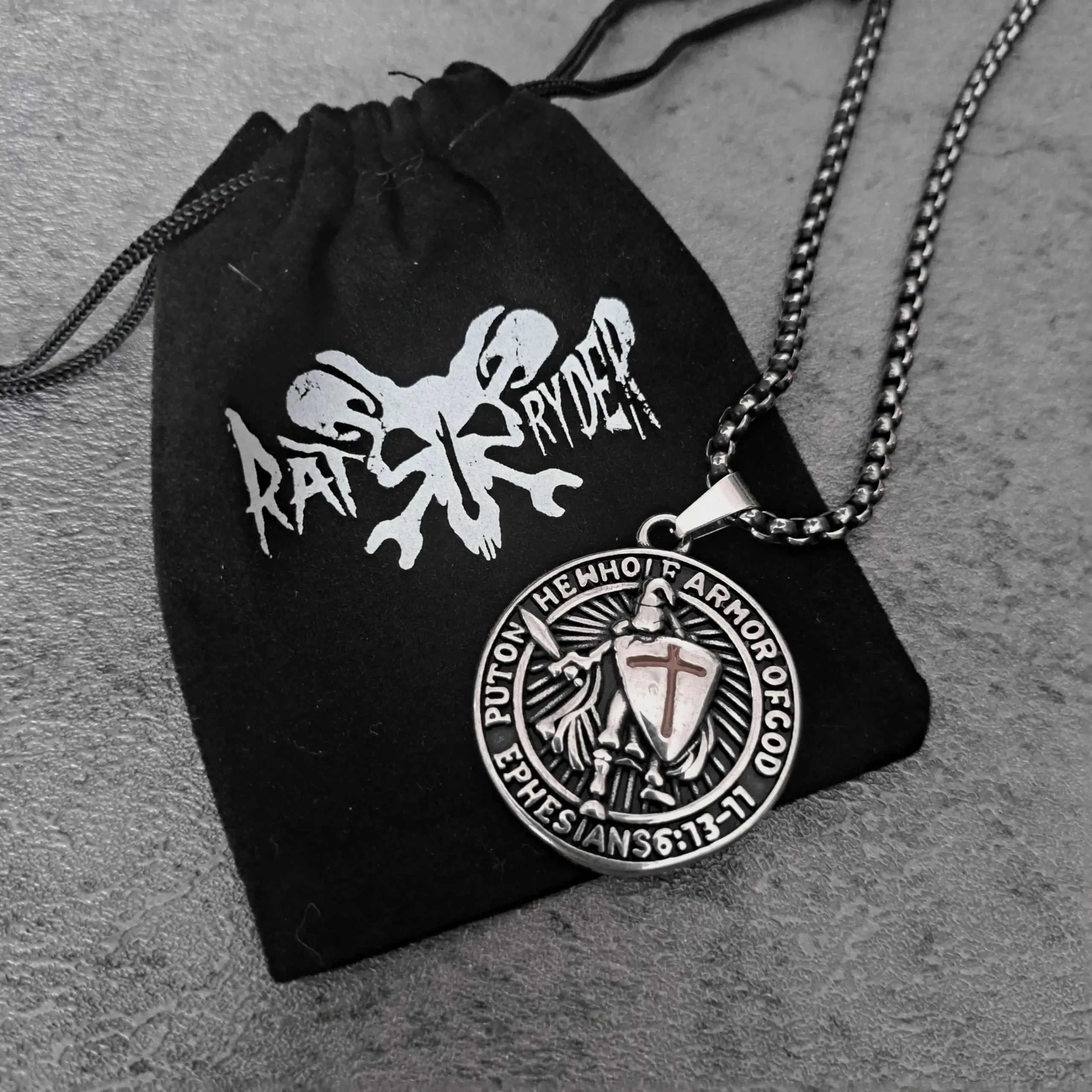 Armor of God Ephesians Medallion – 316L Stainless Steel Biker Pendant | RatRyder 3 Armor of God medallion biker pendant on black RatRyder velvet gift bag