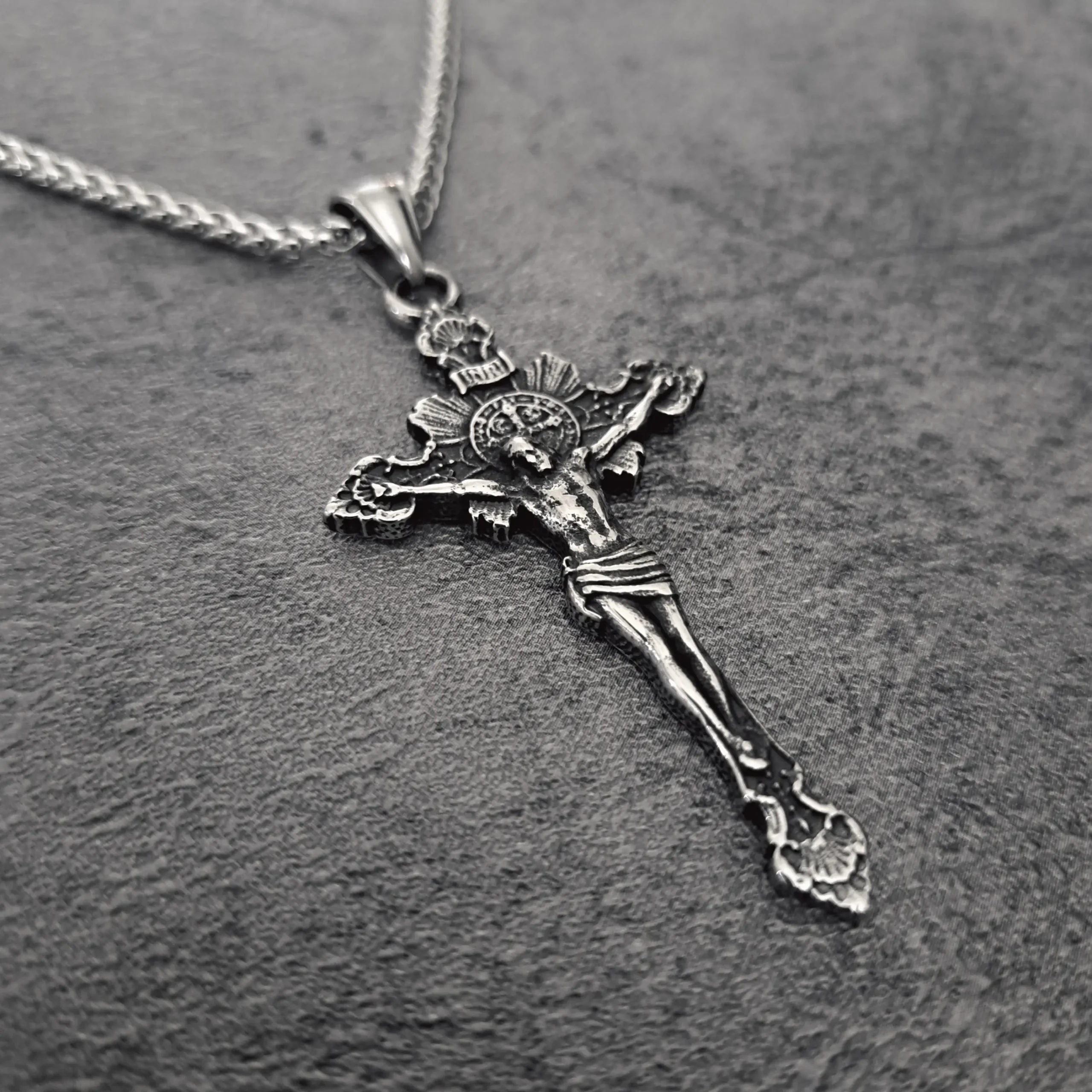 Dark Grace Crucifix Cross – 316L Stainless Steel Biker Pendant | RatRyder 2 Angled close-up of heavy-duty stainless steel biker jewellery crucifix cross pendant showing INRI detail