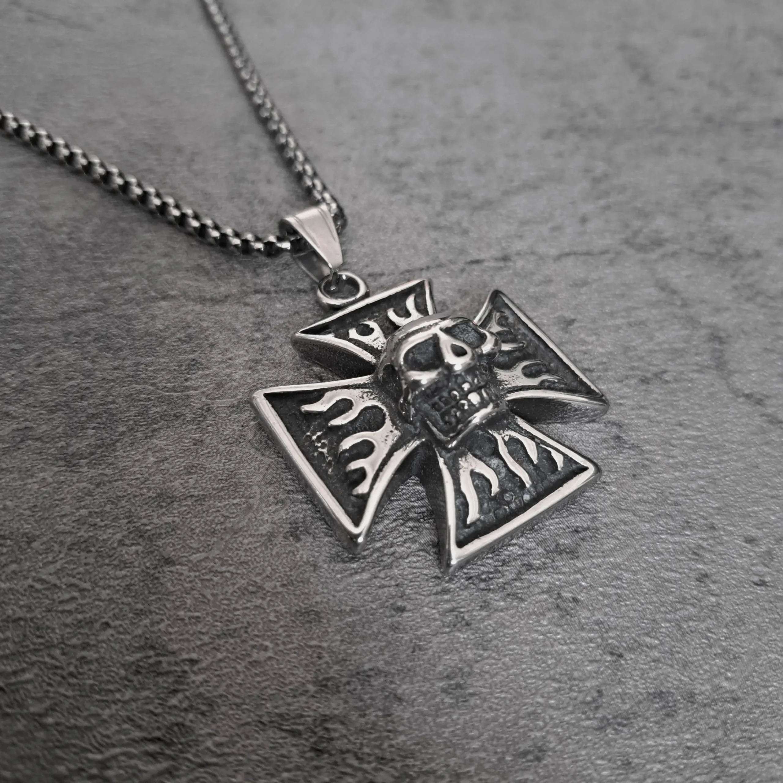 Iron Cross Skull Flame – 316L Stainless Steel Biker Pendant | RatRyder 2 Angled view of Iron Cross skull flame stainless steel biker pendant