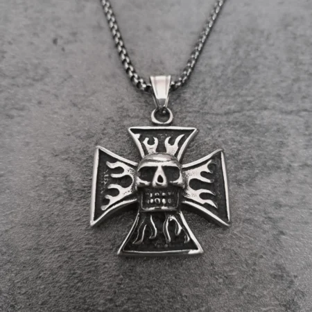 Solid 316L stainless steel Iron Cross skull flame biker pendant front view