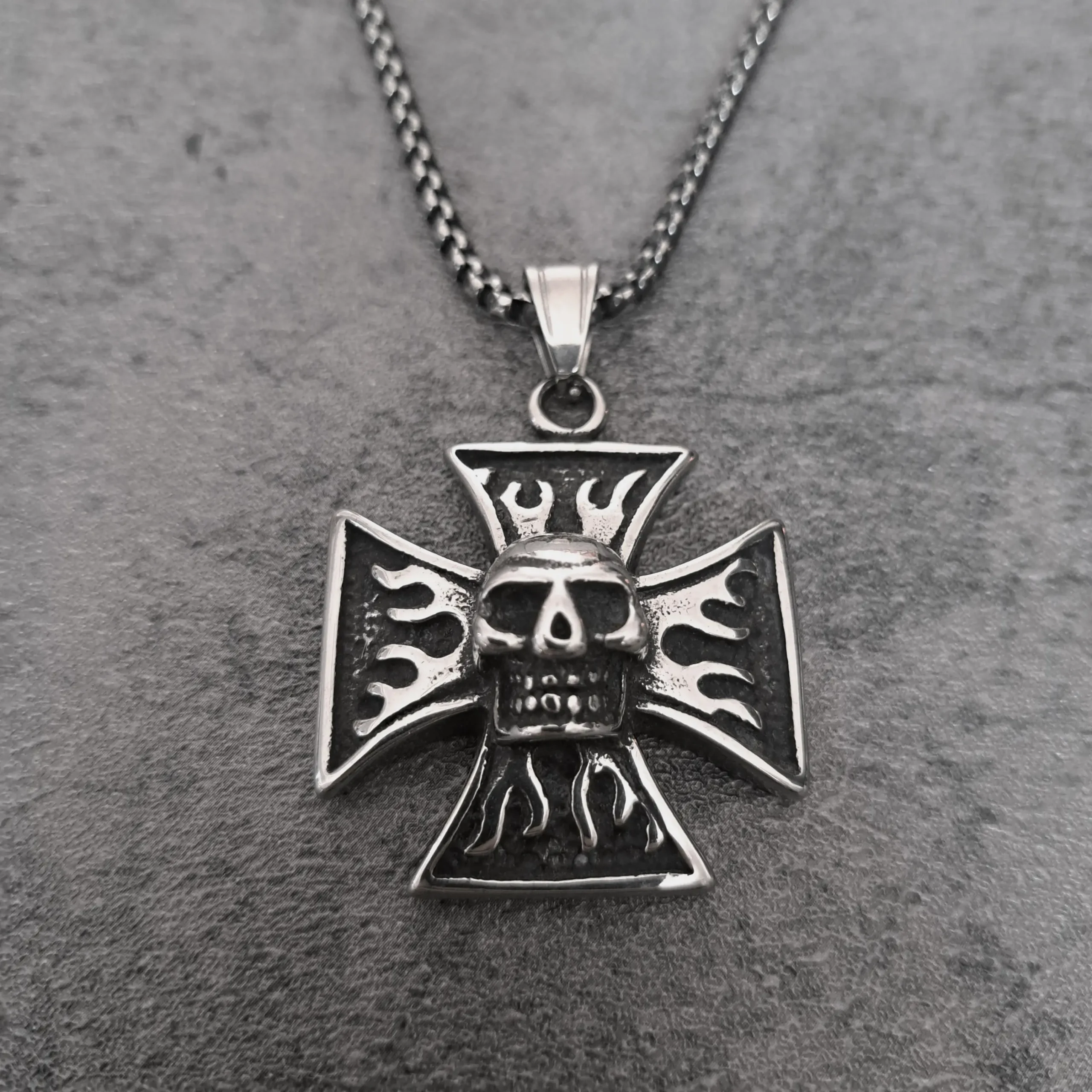 Iron Cross Skull Flame – 316L Stainless Steel Biker Pendant | RatRyder 1 Solid 316L stainless steel Iron Cross skull flame biker pendant front view