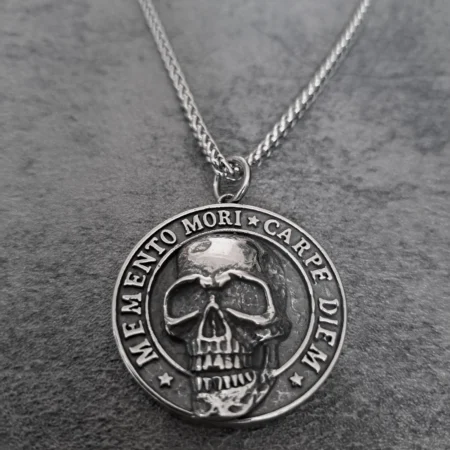 Solid 316L stainless steel Memento Mori Carpe Diem skull biker pendant front view