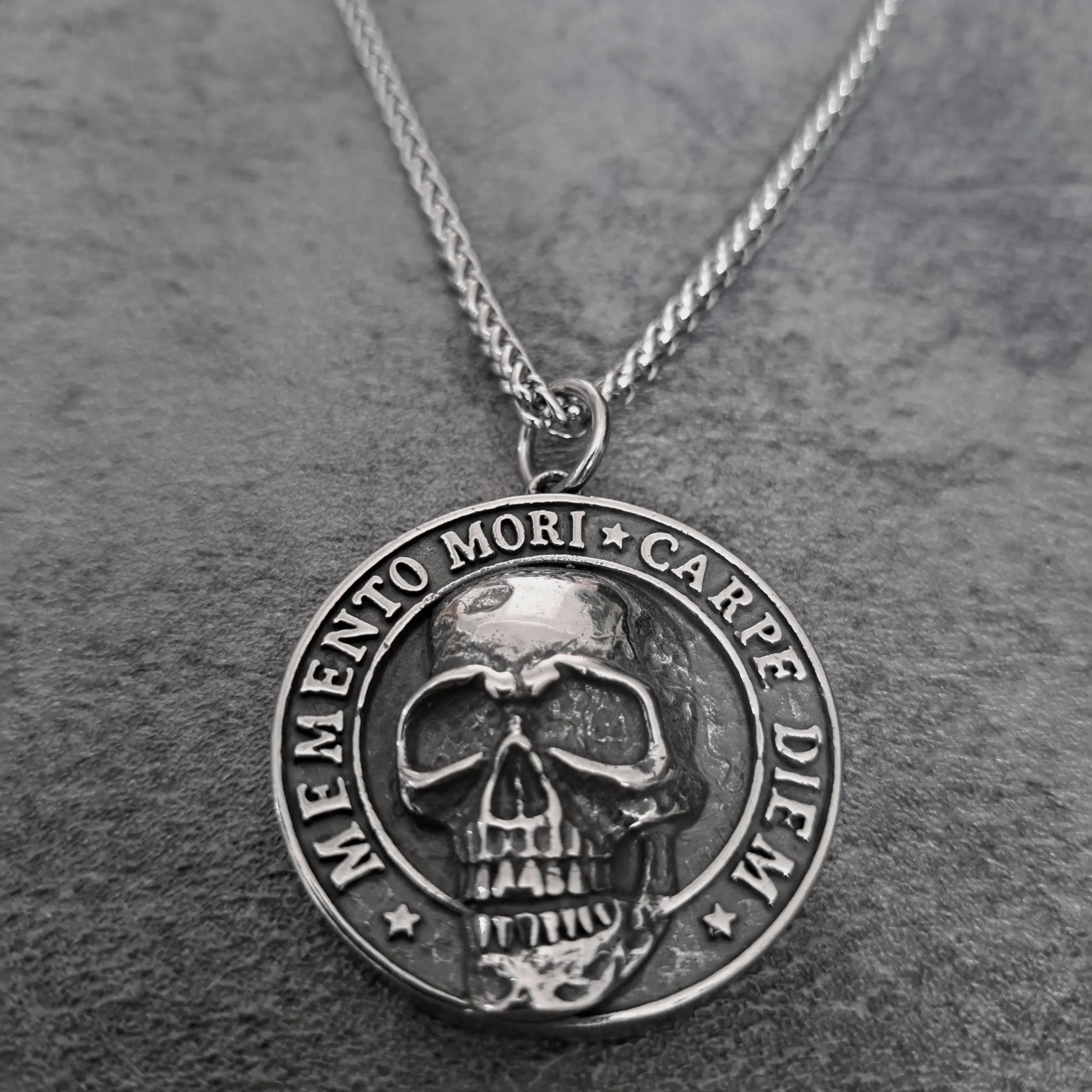 Memento Mori Carpe Diem Skull – 316L Stainless Steel Biker Pendant | RatRyder 1 Solid 316L stainless steel Memento Mori Carpe Diem skull biker pendant front view