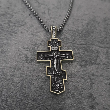 Men's biker necklace two tone gold silver and antiqued black stainless steel cross pendant front view