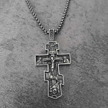 Men's biker necklace antiqued silver and oxidised black stainless steel cross pendant front view