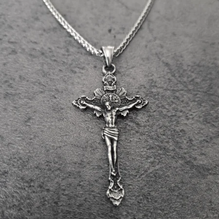 Men's crucifix biker necklace antiqued silver and oxidised black stainless steel cross pendant front view