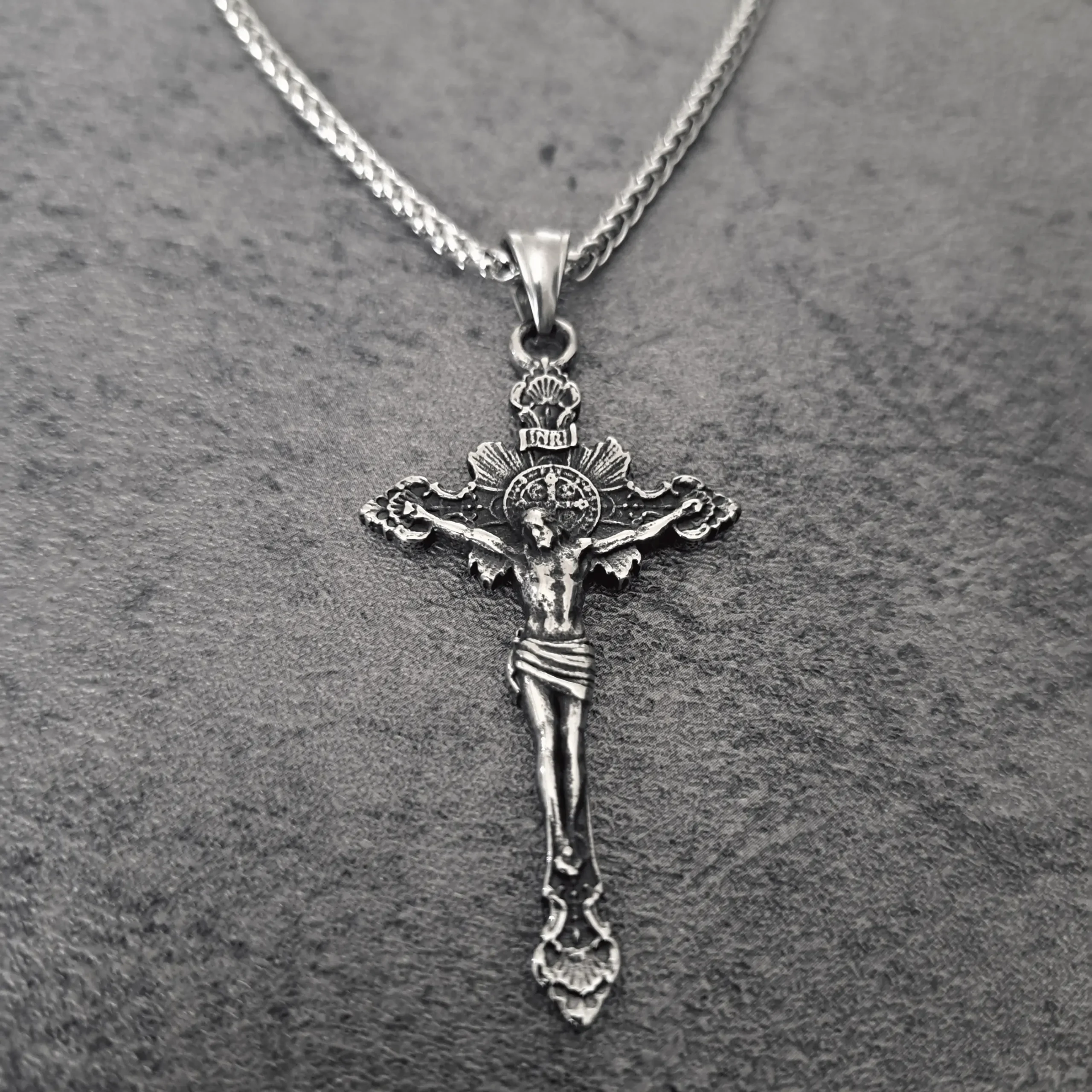Dark Grace Crucifix Cross – 316L Stainless Steel Biker Pendant | RatRyder 1 Men's crucifix biker necklace antiqued silver and oxidised black stainless steel cross pendant front view