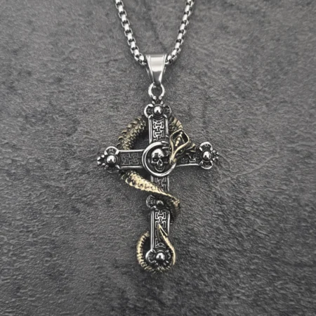 Men's dark serpent dragon cross biker necklace gold and silver stainless steel skull pendant front view